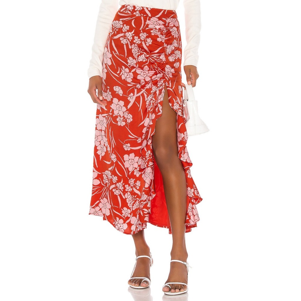 CLEARANCE $20 ❤️ Song of Style Satin Floral Midi Skirt REVOLVE Red Dahlia